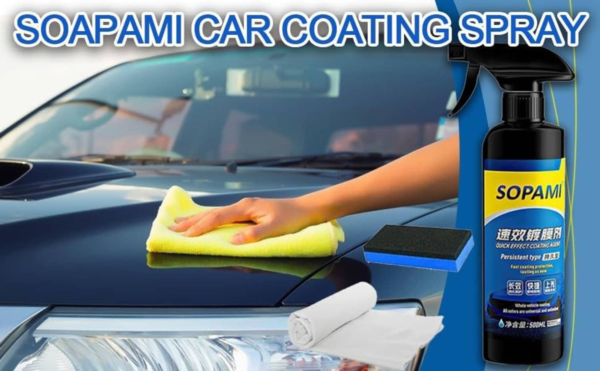 SOAPAMI car coating spray bottle with hand polishing using yellow foam pad and towel