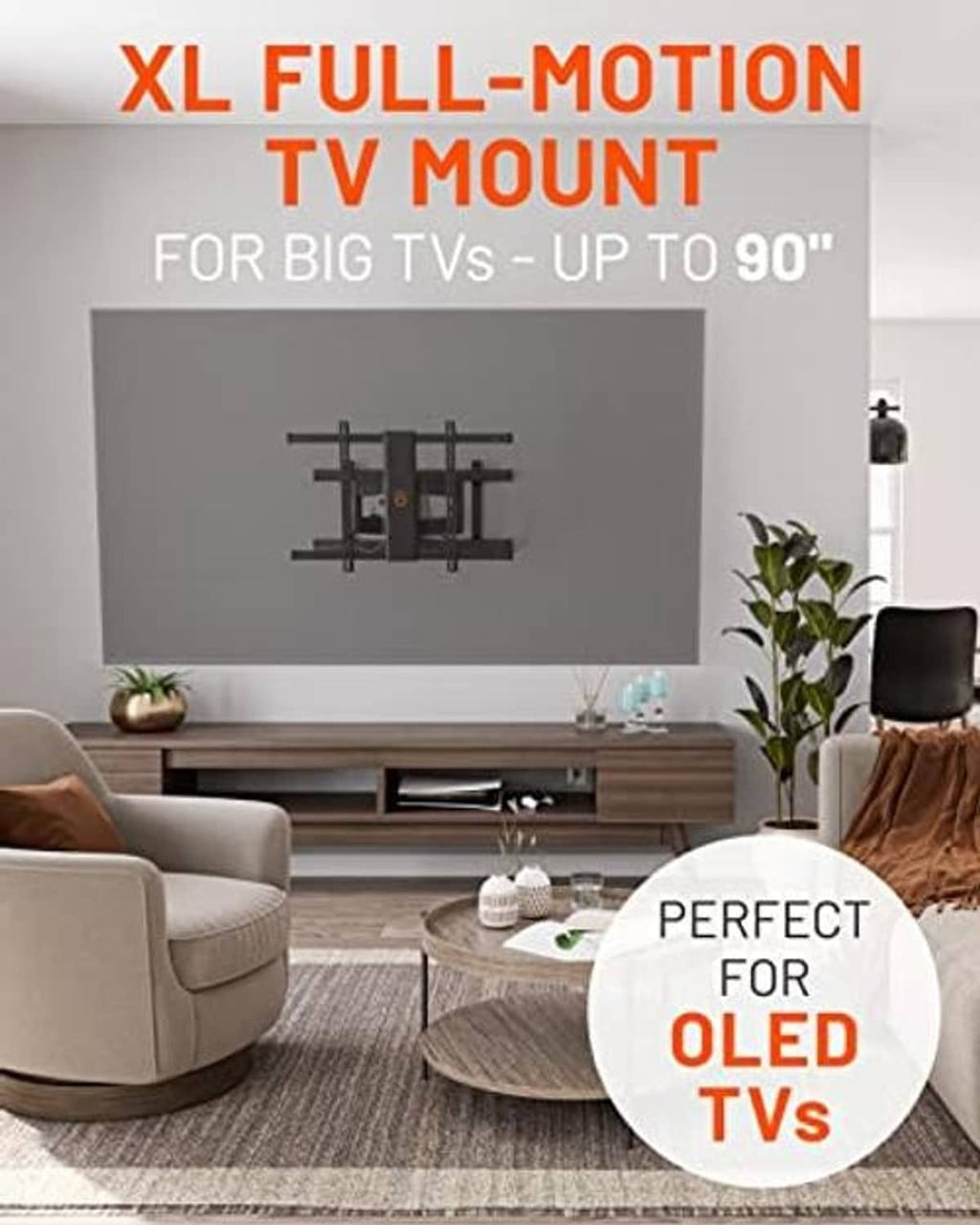 Full-motion TV wall mount bracket mounted on a wall, black fixed frame