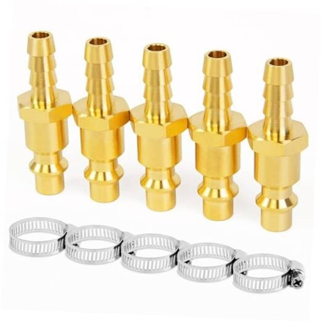 Set of brass air hose barb fittings with five silver hose clamps and barbed ends
