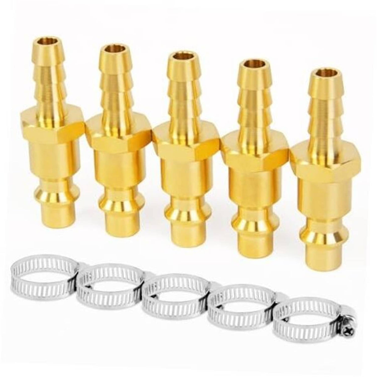 Set of brass air hose barb fittings with five silver hose clamps and barbed ends