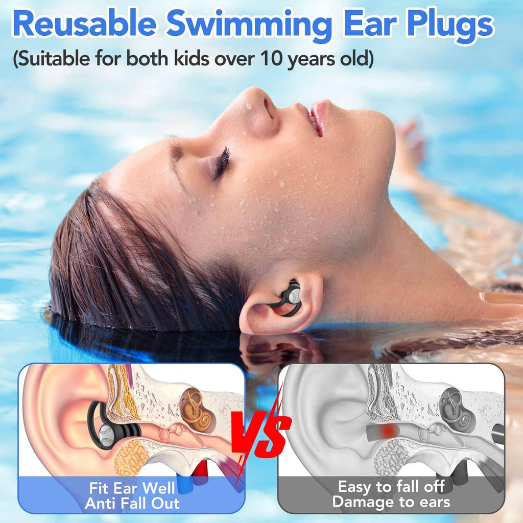 Reusable swimming ear plugs with contoured silicone tips and stabilizing wings