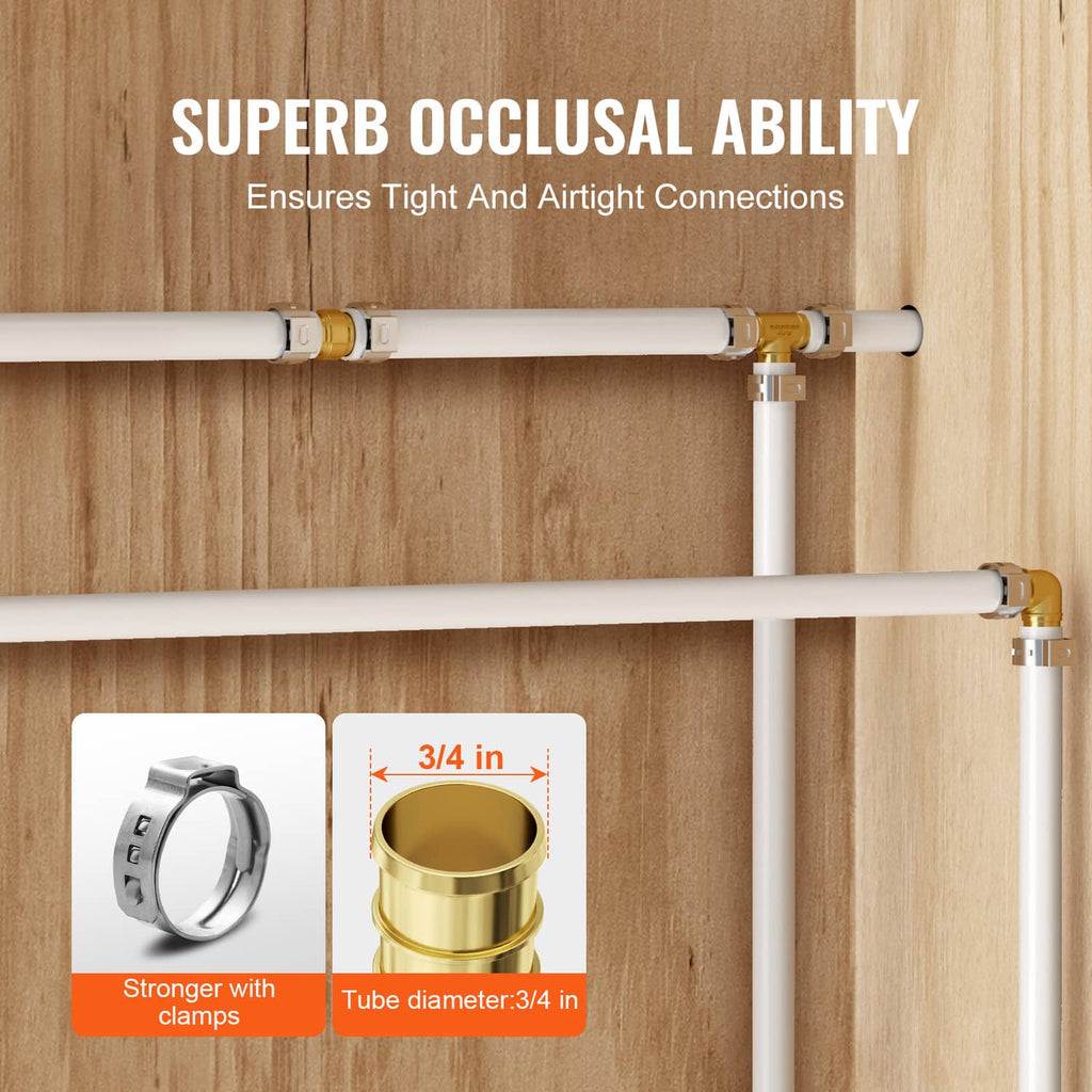 Brass clamp-style straight-through pipe fittings connected to tubes with metal clamps