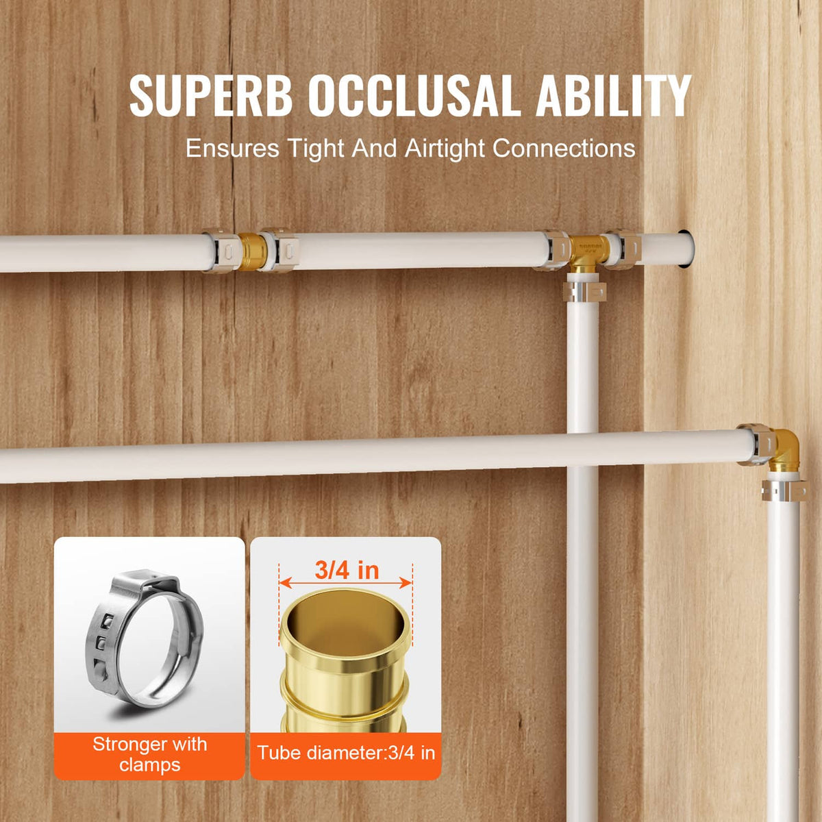 Brass clamp-style straight-through pipe fittings connected to tubes with metal clamps