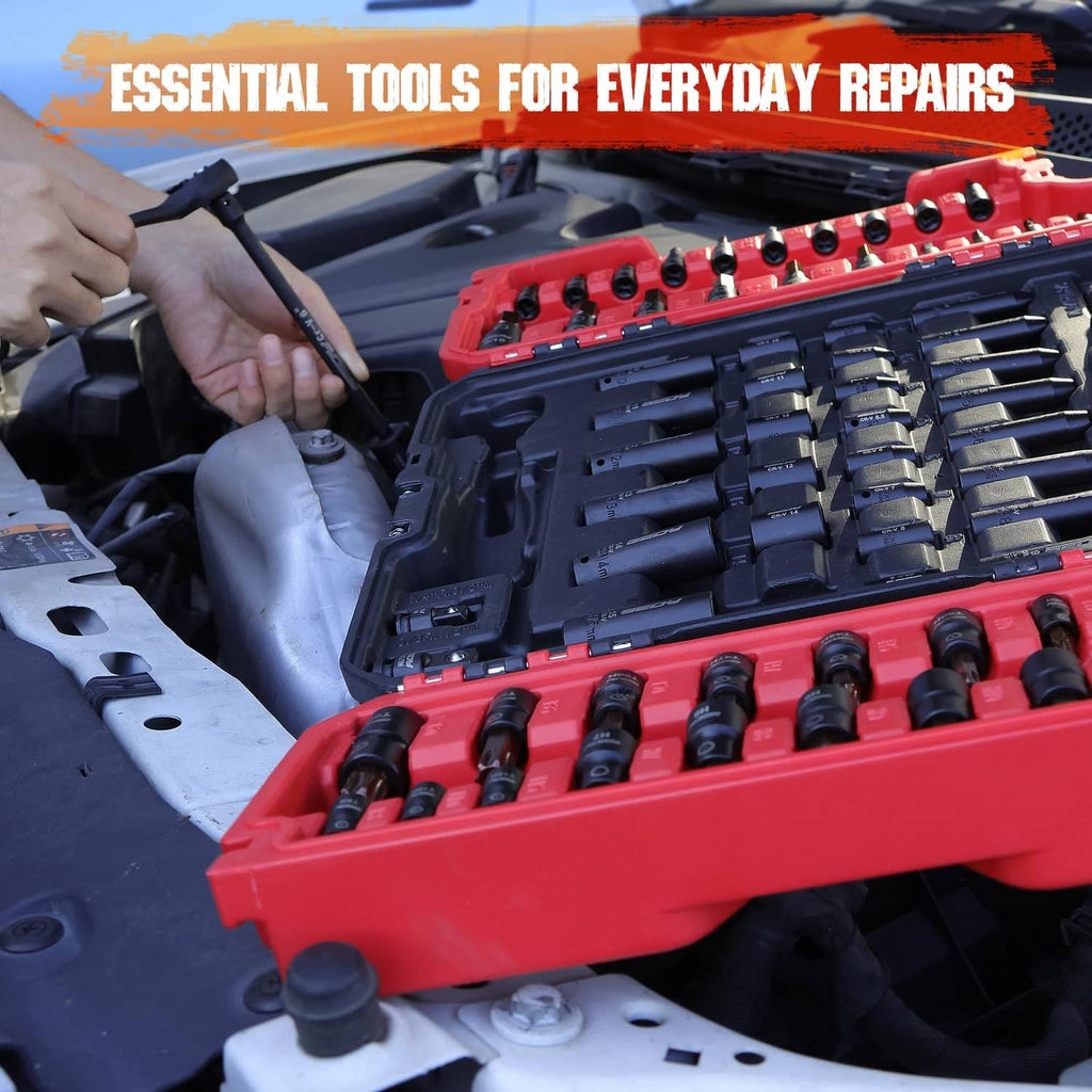 Red impact socket set case open on a work surface with multiple sockets installed