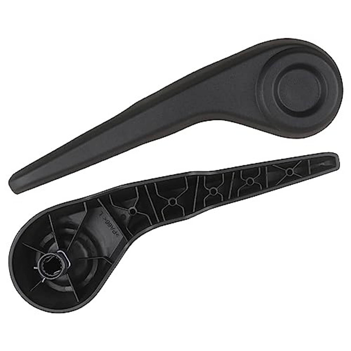 Seat recliner handle lever, dark gray, underside with circular knob and molded pattern