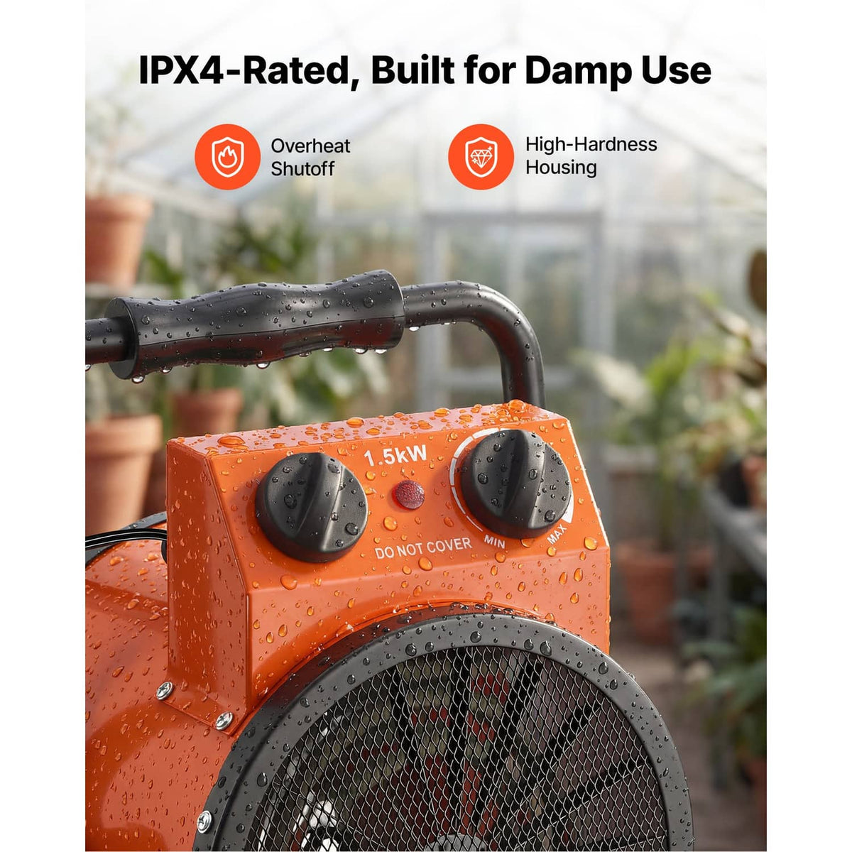 Orange electric greenhouse heater with black knobs and mesh front grill, water-dropped housing