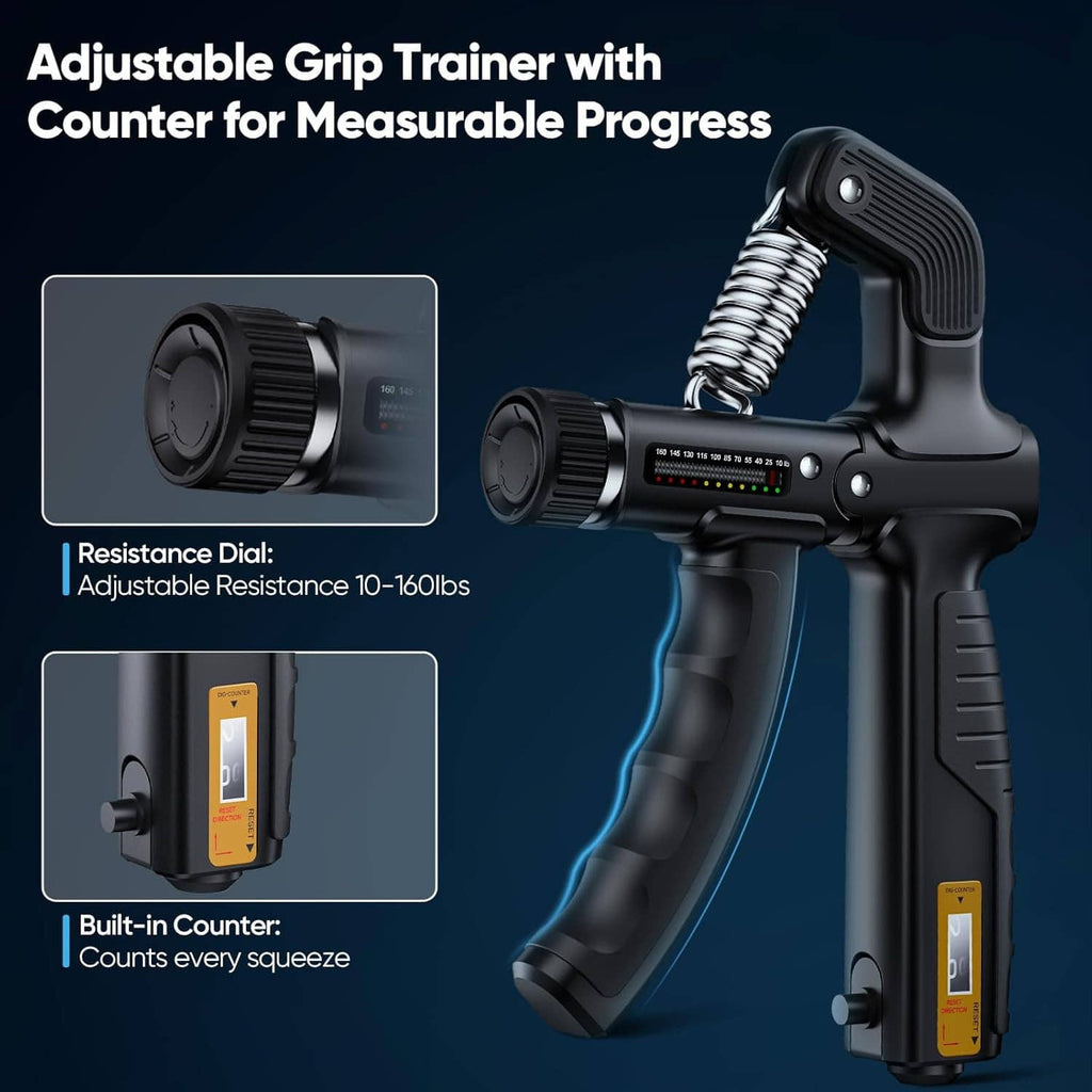 Adjustable grip trainer with spring handle, built-in counter, and resistance dial