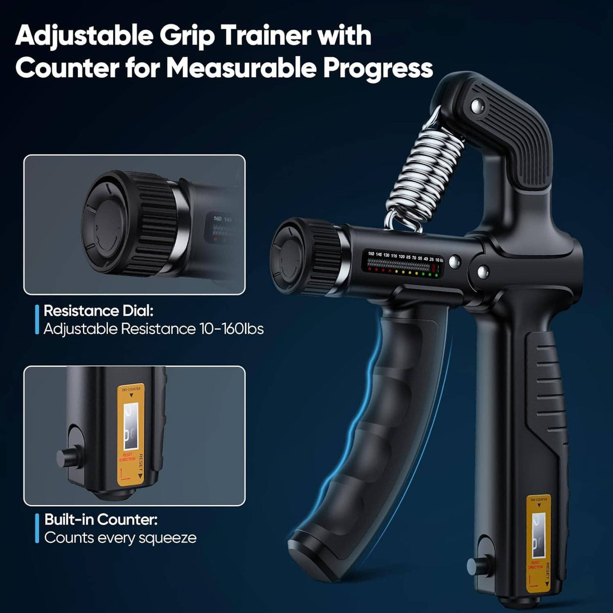 Adjustable grip trainer with spring handle, built-in counter, and resistance dial