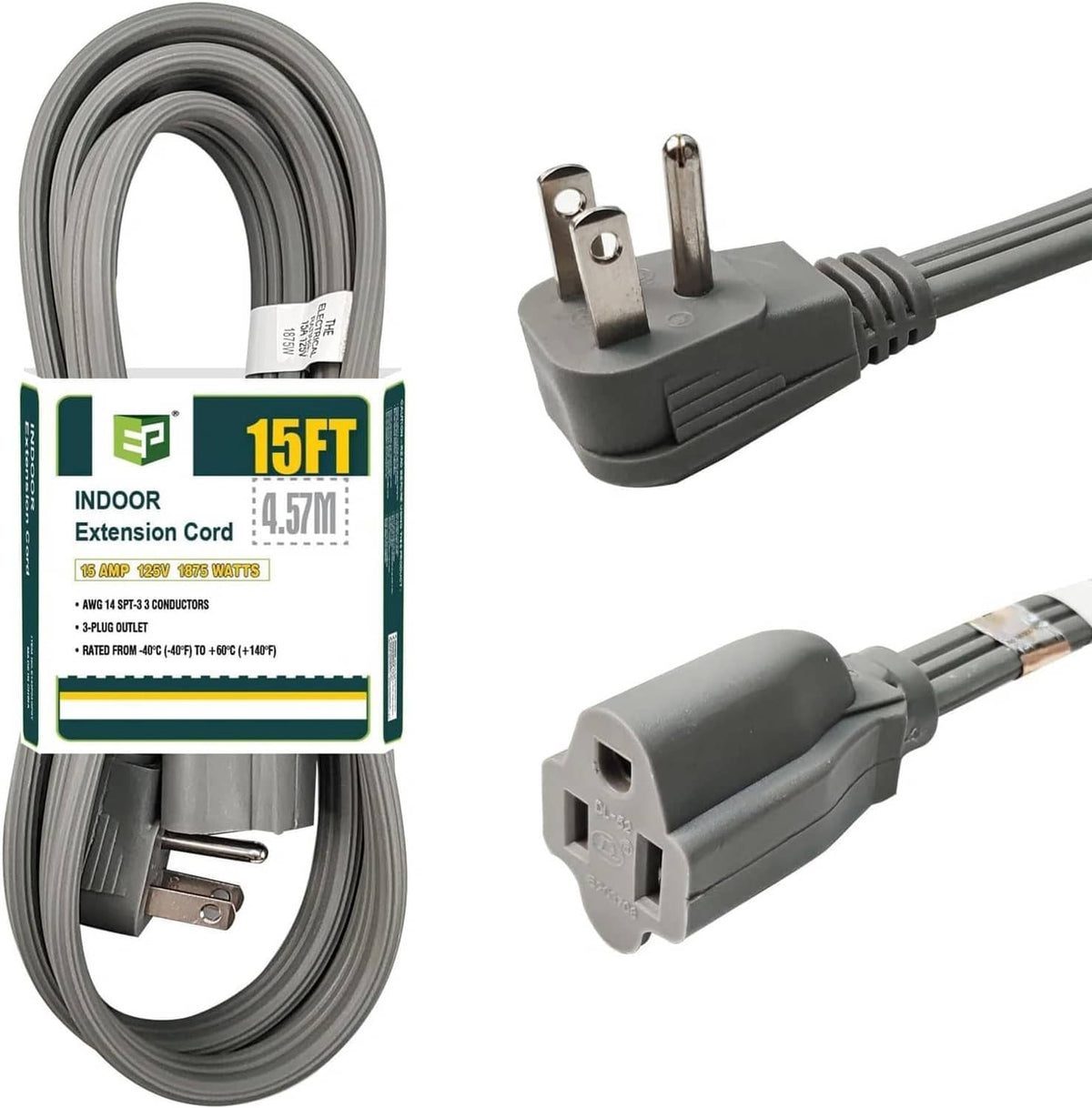 Gray 15-foot heavy-duty extension cord with 3-prong grounded plug and receptacle end
