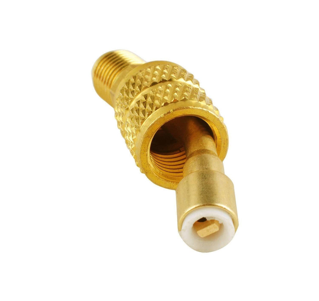 Gold 5/16 inch female quick-coupler adapter with knurled grip and outlet tube