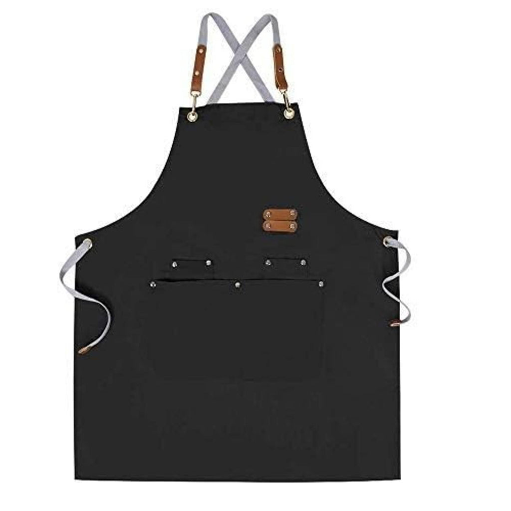 Black chef apron with cross-back straps, front pocket, and side tie loops