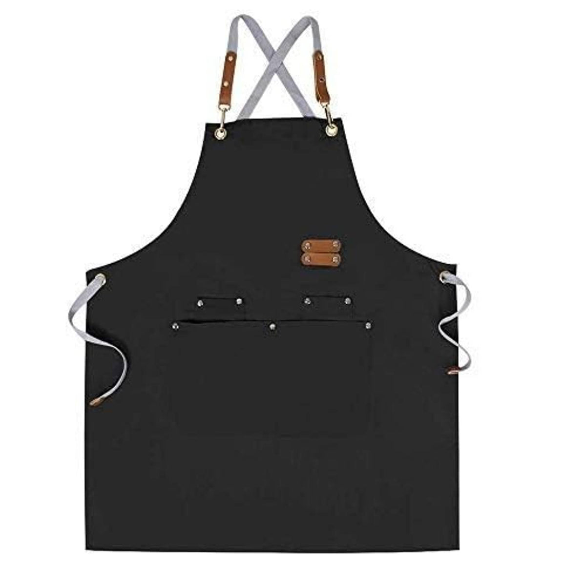 Black chef apron with cross-back straps, front pocket, and side tie loops