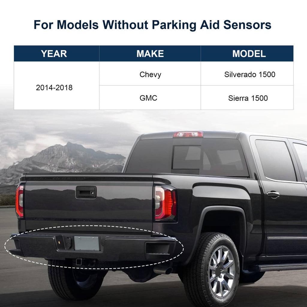 Black rear step bumper installed on pickup rear, no parking sensor cutout