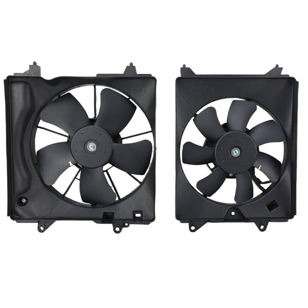 Cooling fan assembly with two black fan motors and blades, square mounting shroud