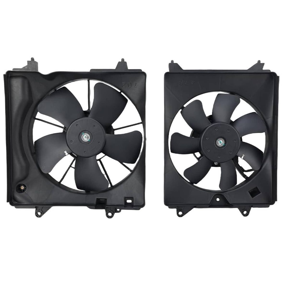 Cooling fan assembly with two black fan motors and blades, square mounting shroud