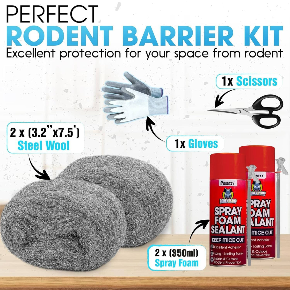 Rodent barrier kit with two steel wool balls, spray foam cans, scissors, and gloves