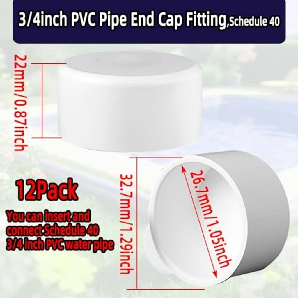 White PVC 3/4-inch pipe end cap fitting, Schedule 40, front and side measurements