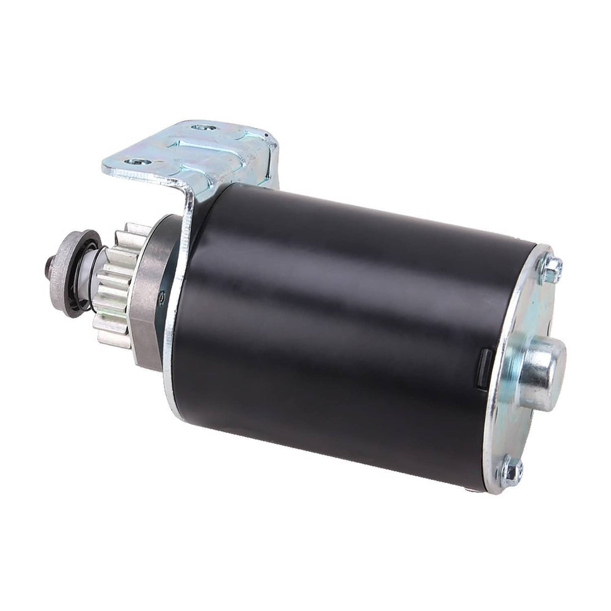 Black electric starter motor with gear assembly and round silver end caps