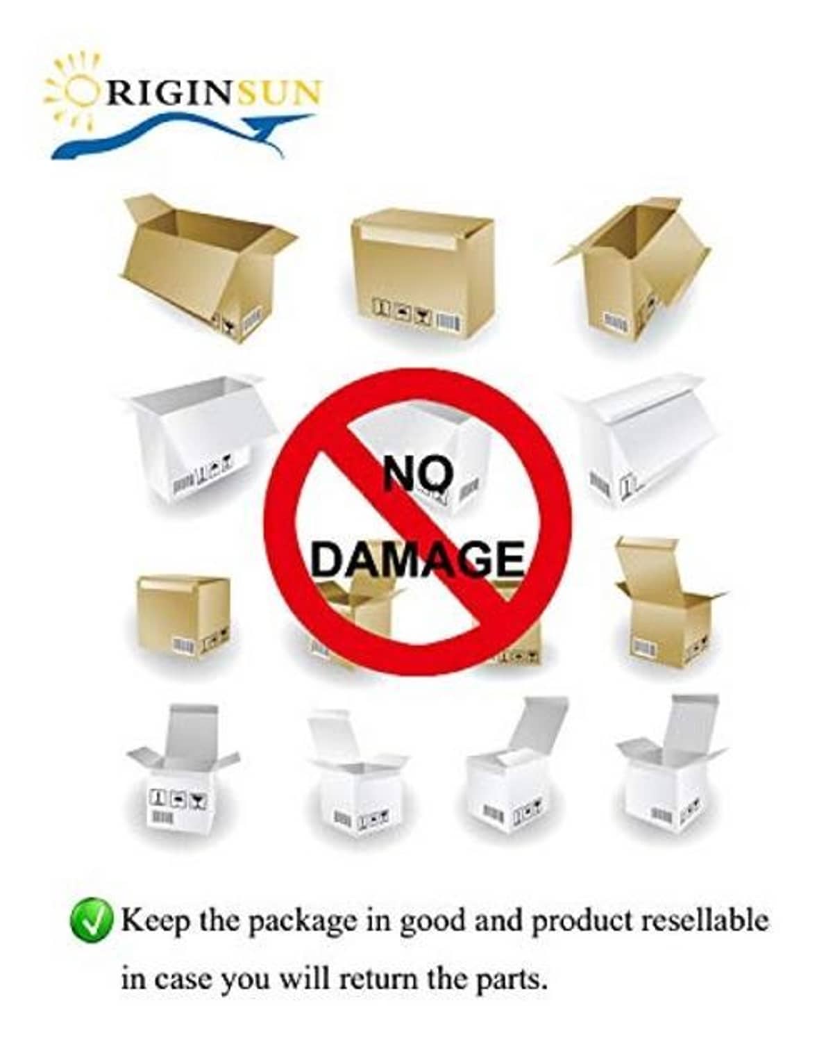 Packaging notice with “No Damage” icon and resellable package reminder