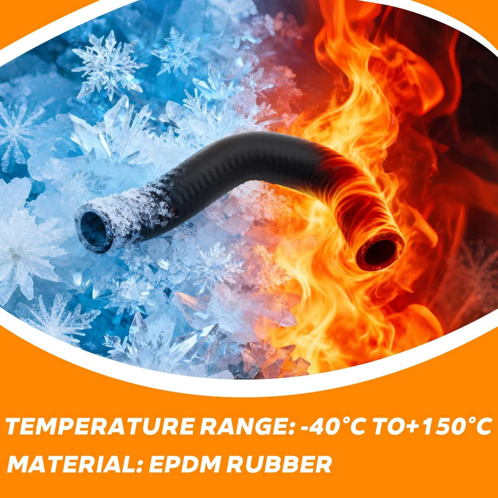 Curved black engine coolant inlet hose shown over ice and flame temperature range graphic