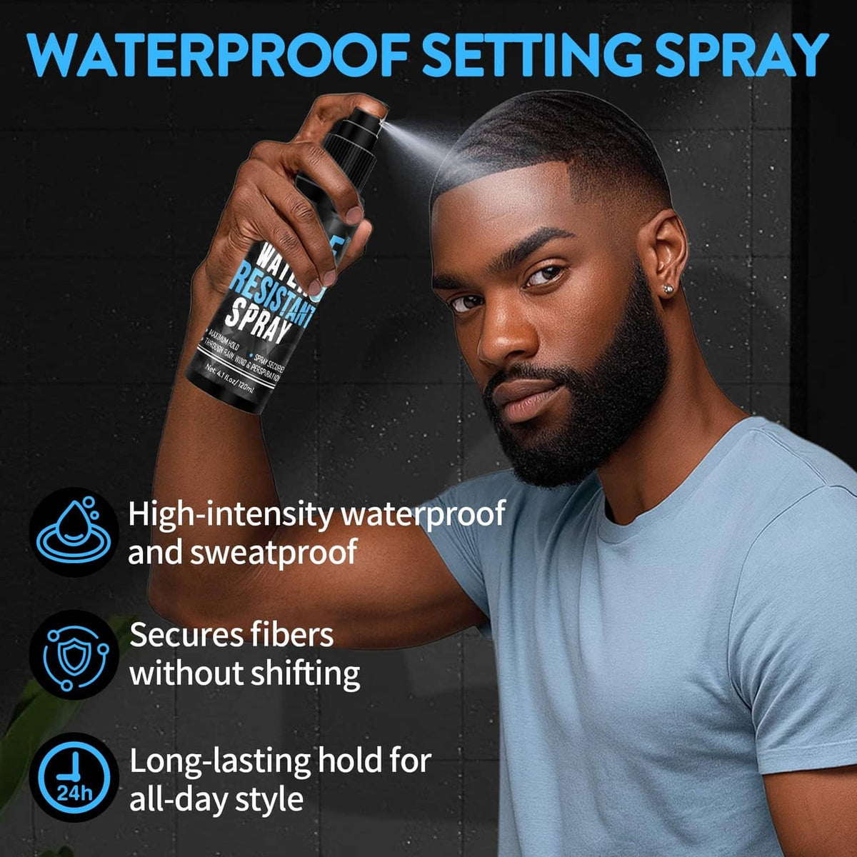 Hair fiber water-resistant spray bottle in hand, labeled for waterproof setting