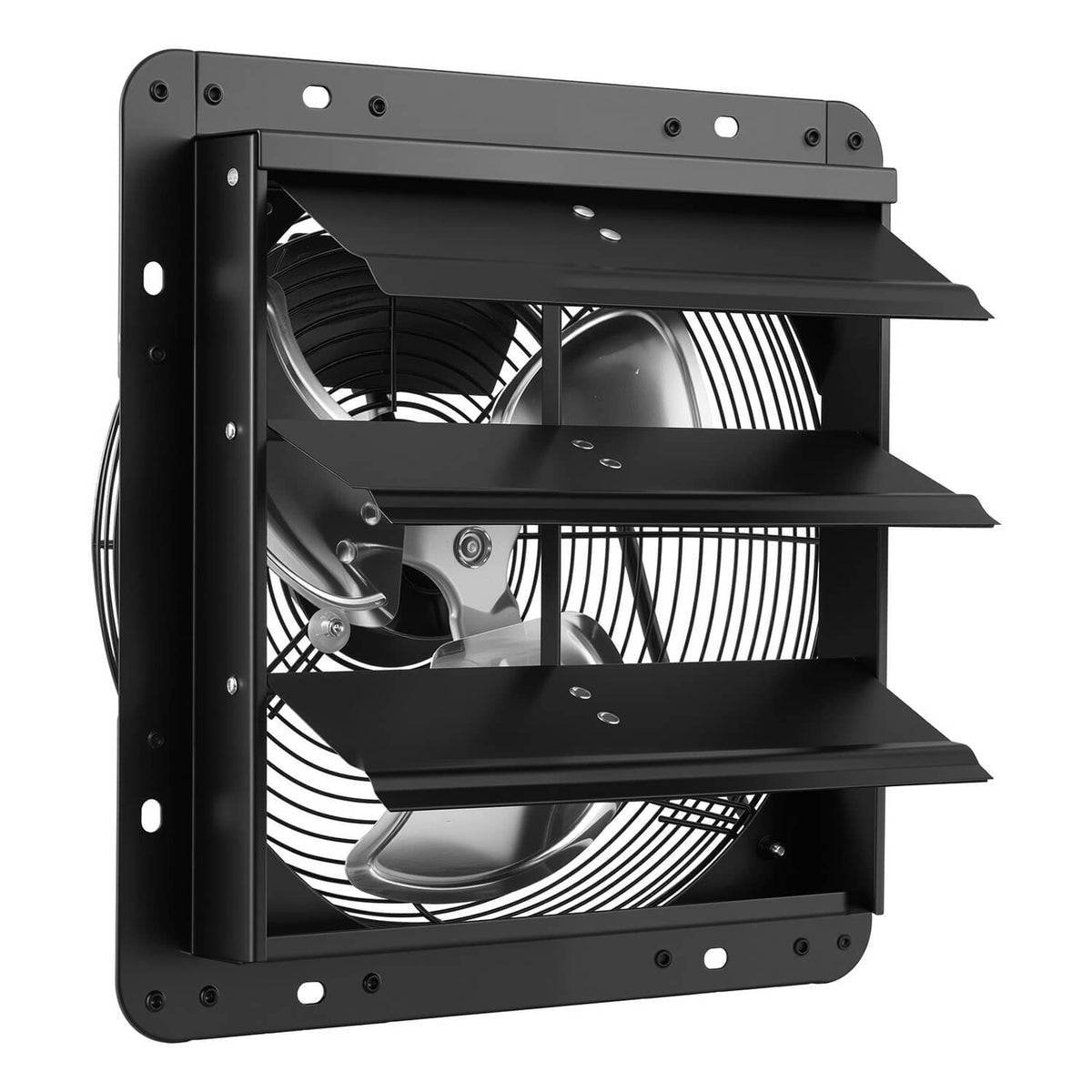 Wall-mount shutter exhaust fan, black louver panels with visible motor and fan