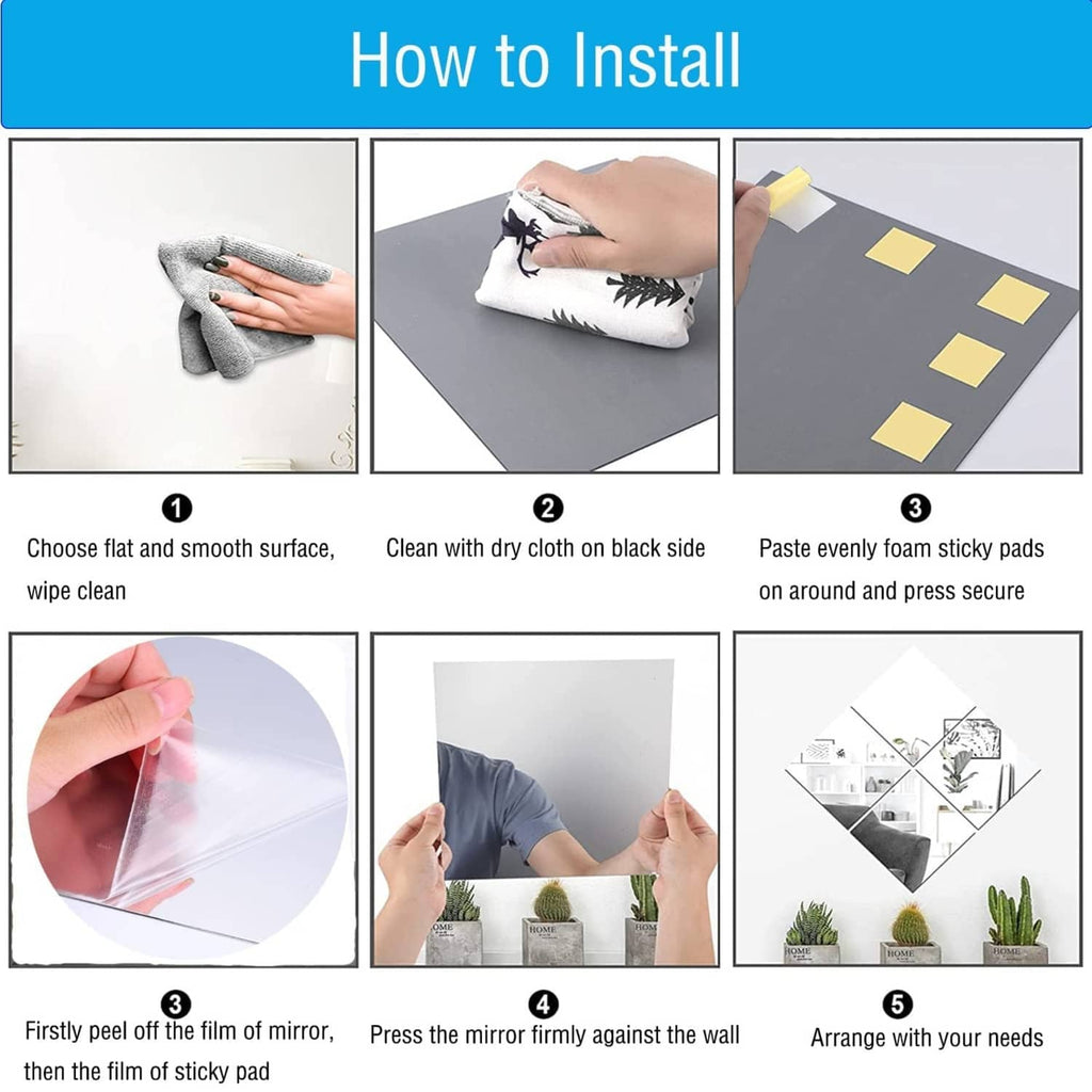 Acrylic mirror sheet installation steps diagram with hands smoothing panel