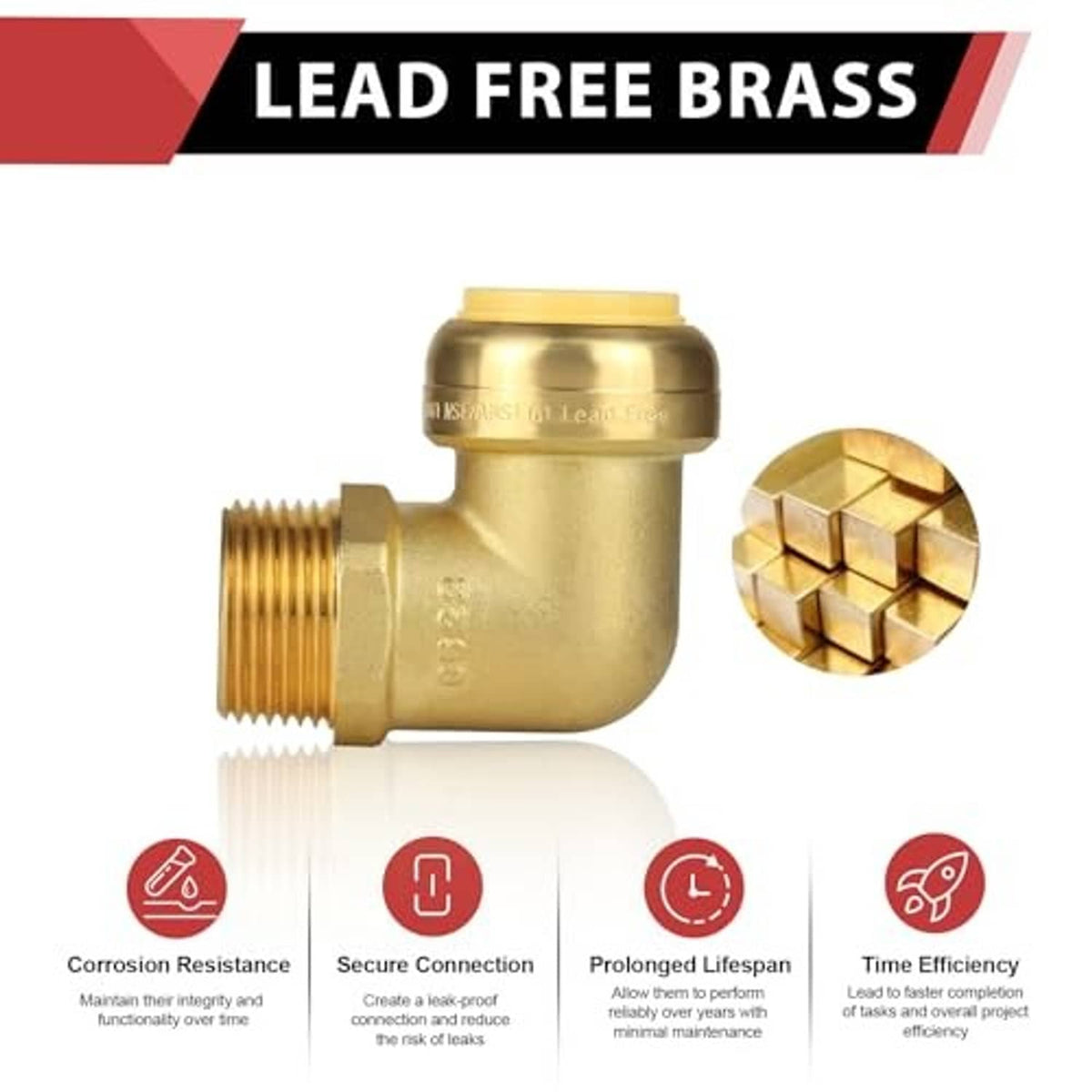 Lead-free brass push-fit elbow fitting with male threads and push-to-connect ring