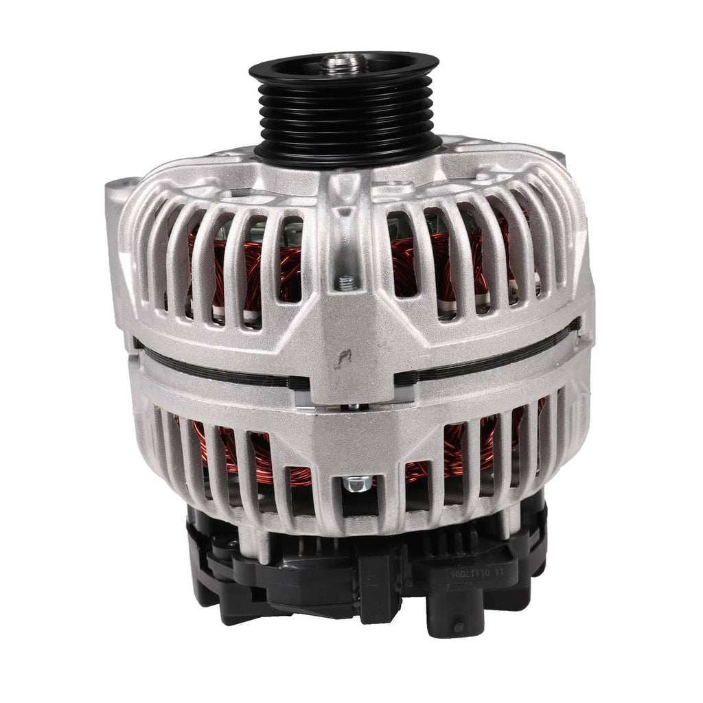 Engine alternator with black pulley, silver vented casing, angled front view