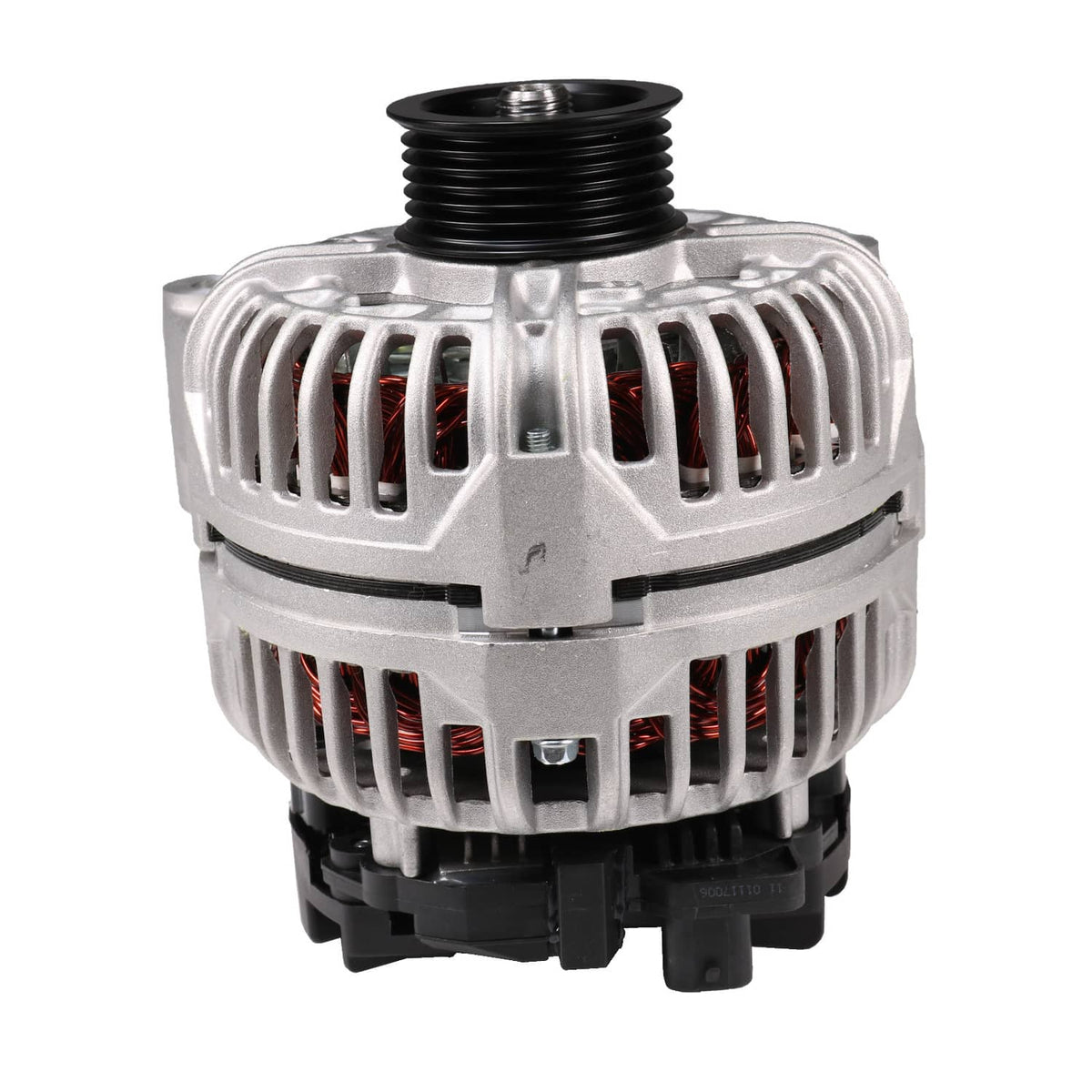 Engine alternator with black pulley, silver vented casing, angled front view