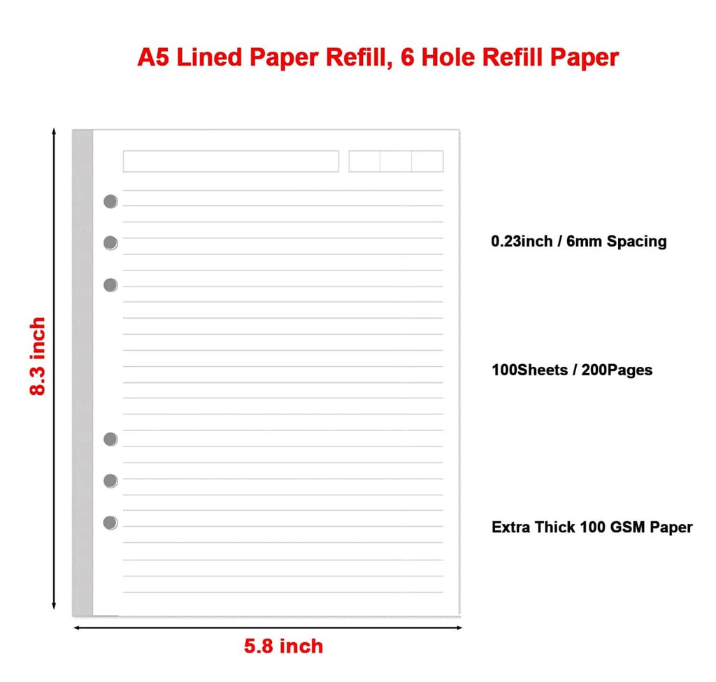 A5 lined refill paper sheet with 6-hole punch, 0.23in spacing, 100 sheets