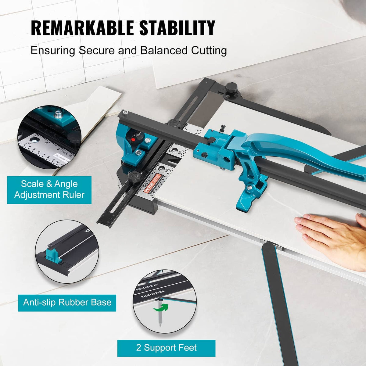 Manual tile cutter with teal/black anti-slip base and support feet, angle adjustment
