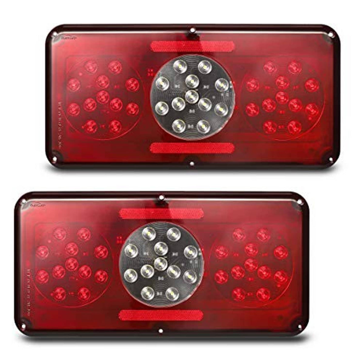 Red rectangular LED trailer tail light showing circular LED array through clear lens
