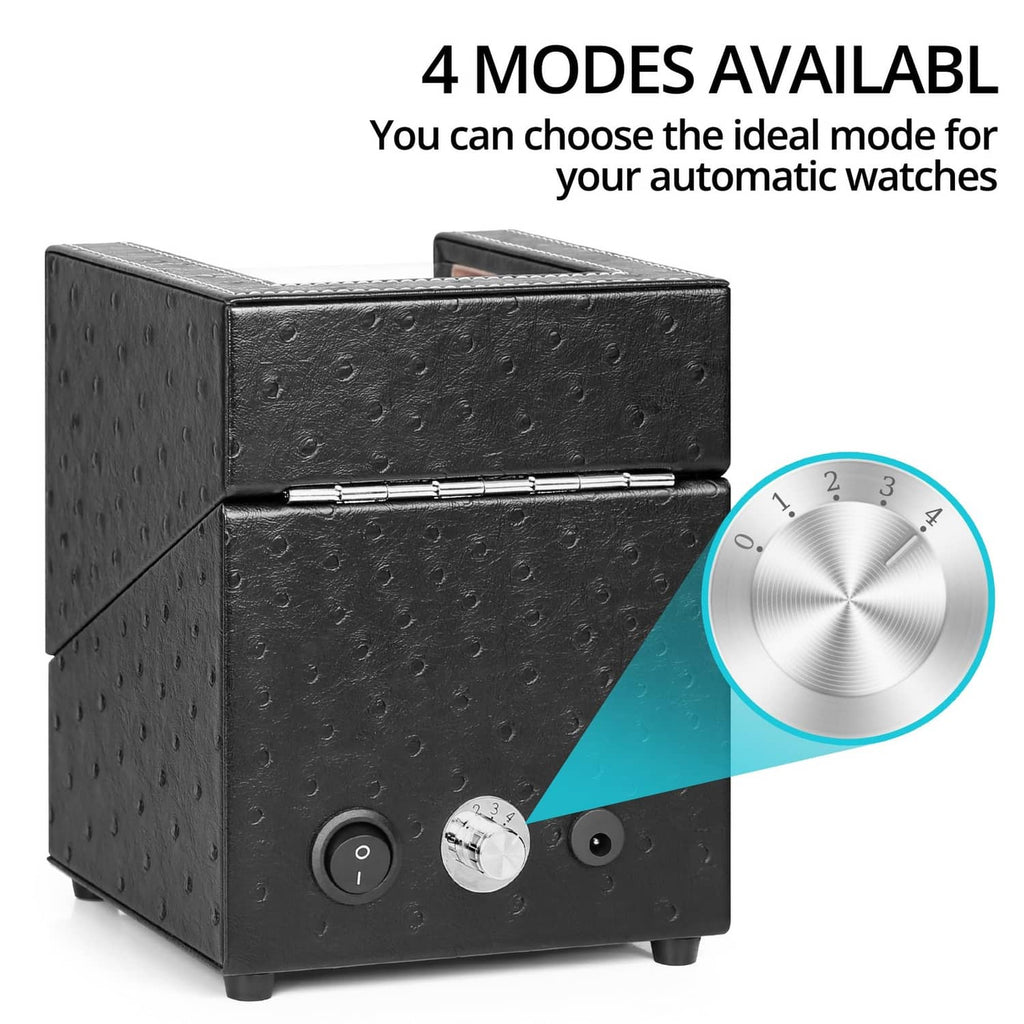 Black single watch winder with plush-lined top, control buttons, and round dial