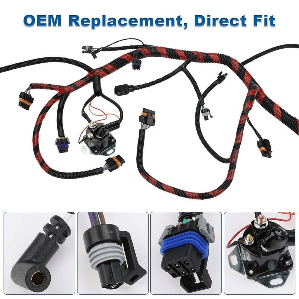 Engine wiring harness with braided red-and-black wires and OEM-style plug connectors