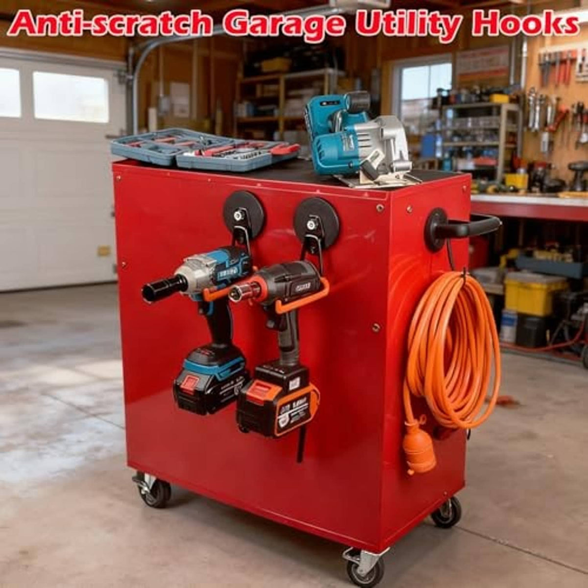 Magnetic garage hooks with orange arms attached to a red work cart holding tools