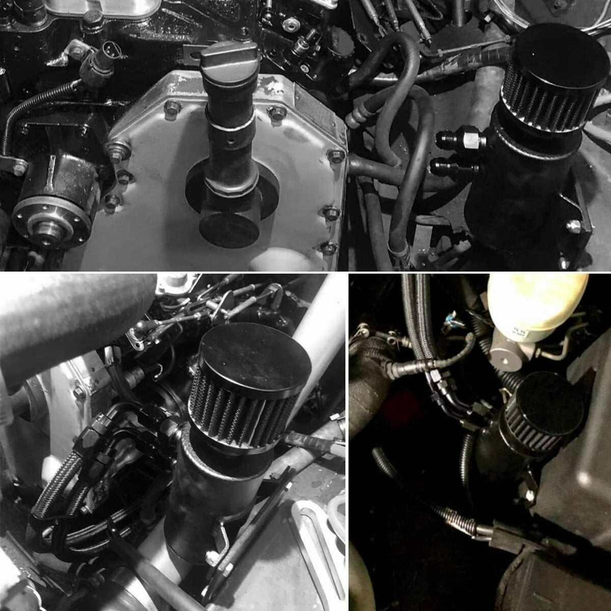 Black oil catch can reservoir tank with dual breather filters, mounted with hoses in engine bay