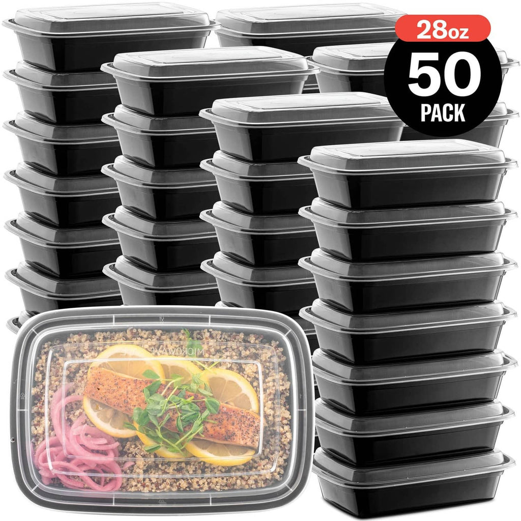 Stacked large black meal prep containers with clear lids, 28 oz 50-pack