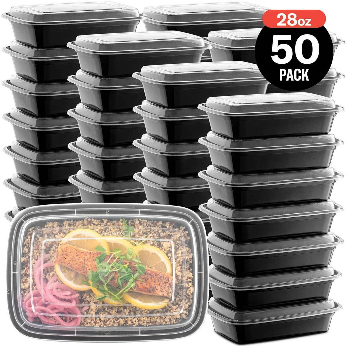 Stacked large black meal prep containers with clear lids, 28 oz 50-pack