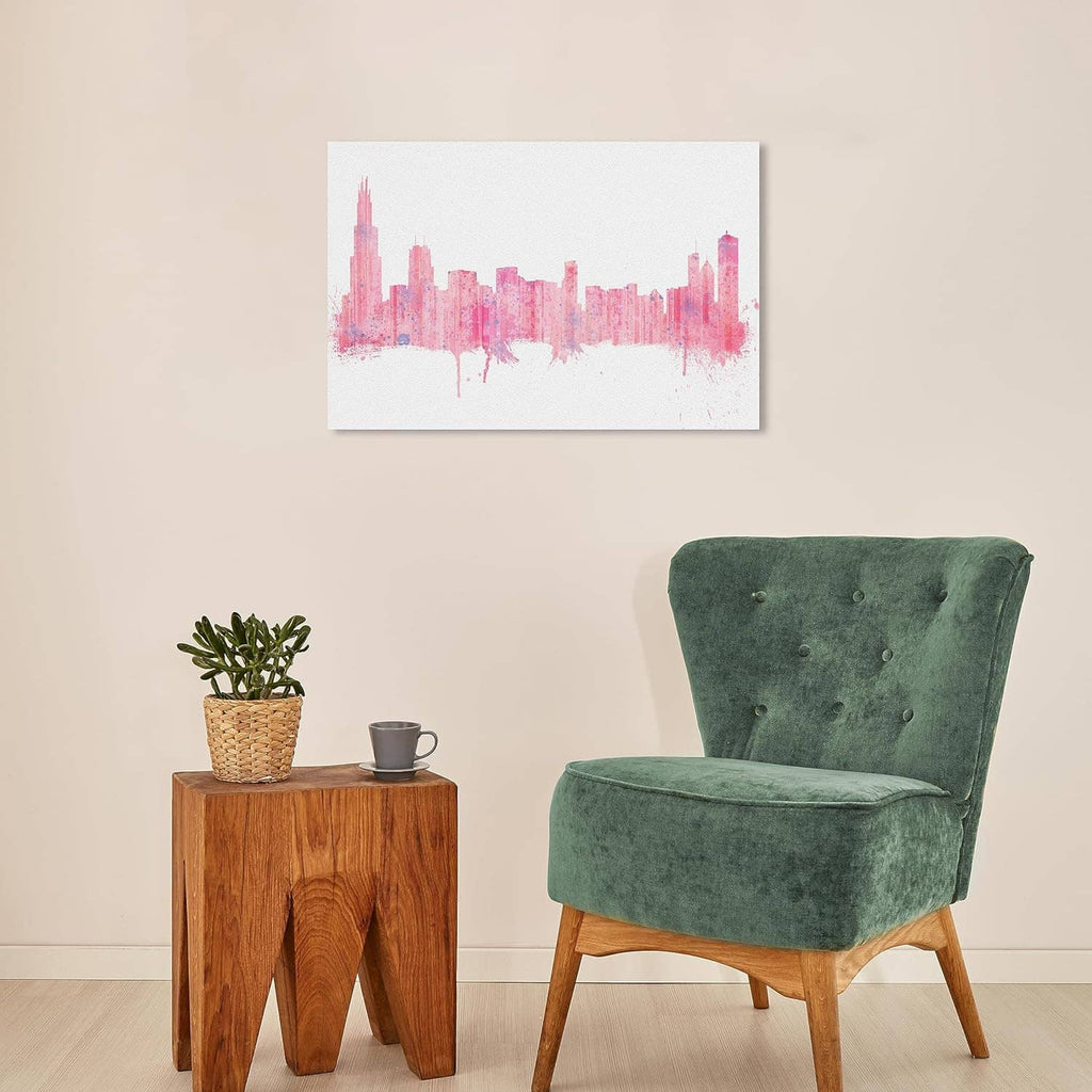 Small wrapped canvas wall art with pink abstract skyline above a living room chair