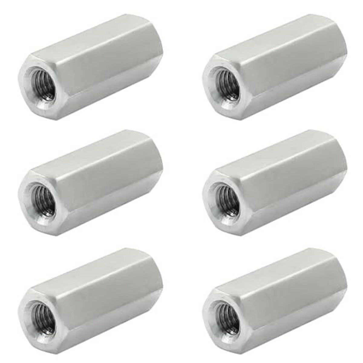 Six silver M6 hex coupling nuts shown from different angles, with internal threads