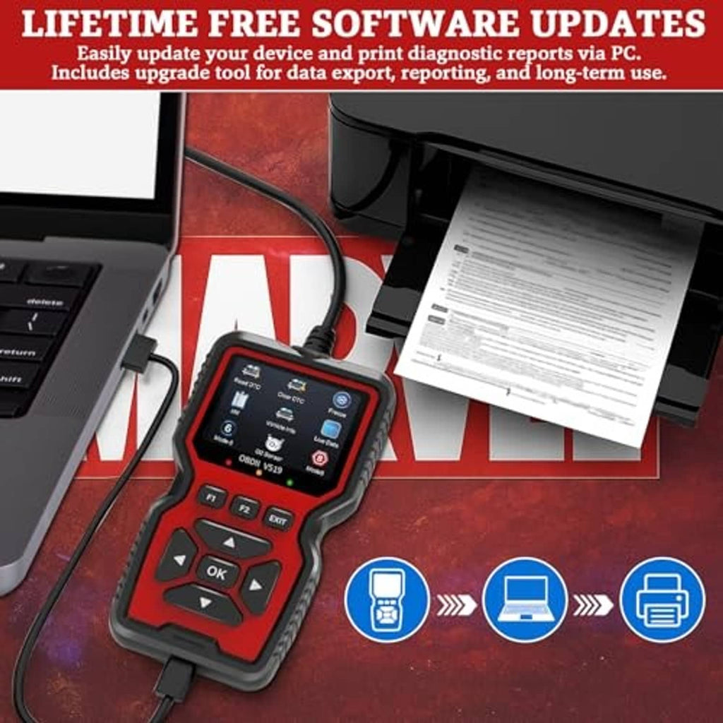 Red OBD2 diagnostic scanner connected to computer, with cable and printed reports