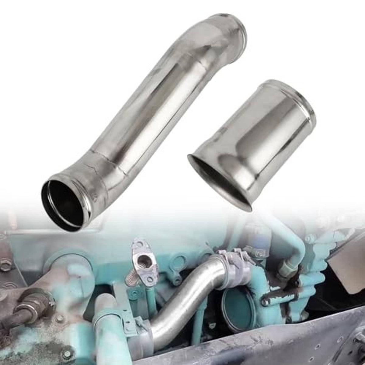 Polished silver coolant pipe and short sleeve connector, metal tubing set.