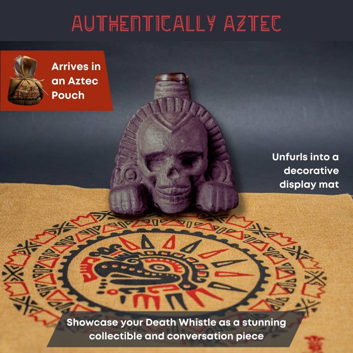 Dark Aztec-style death whistle figurine displayed on a decorative woven mat.