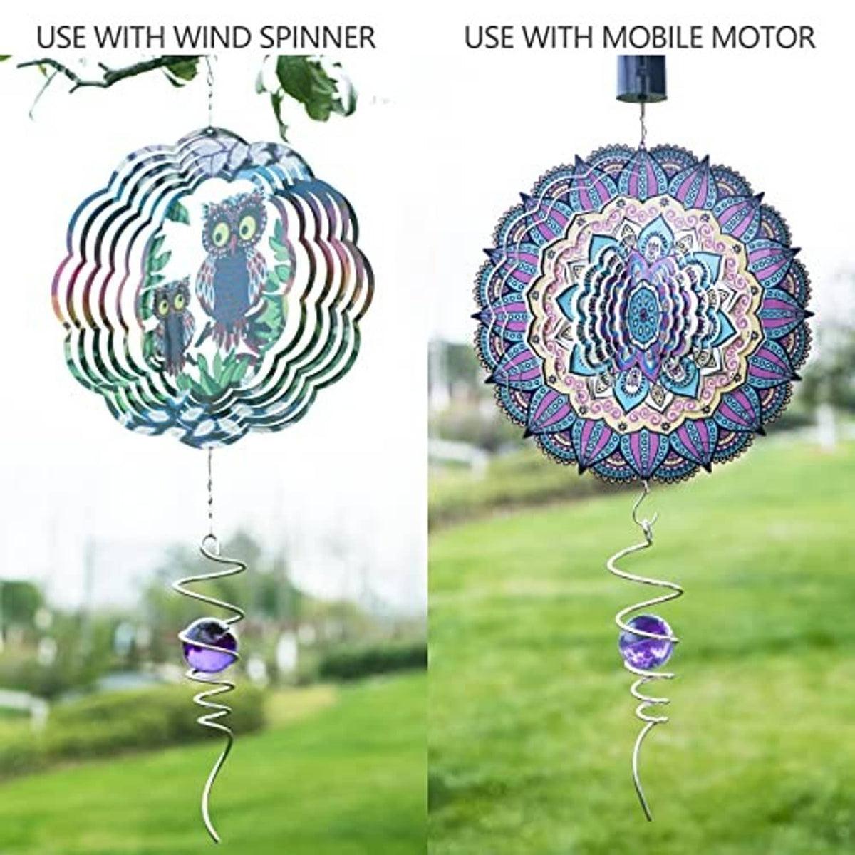 Purple gazing ball spiral spinner with chain, for wind or motor use