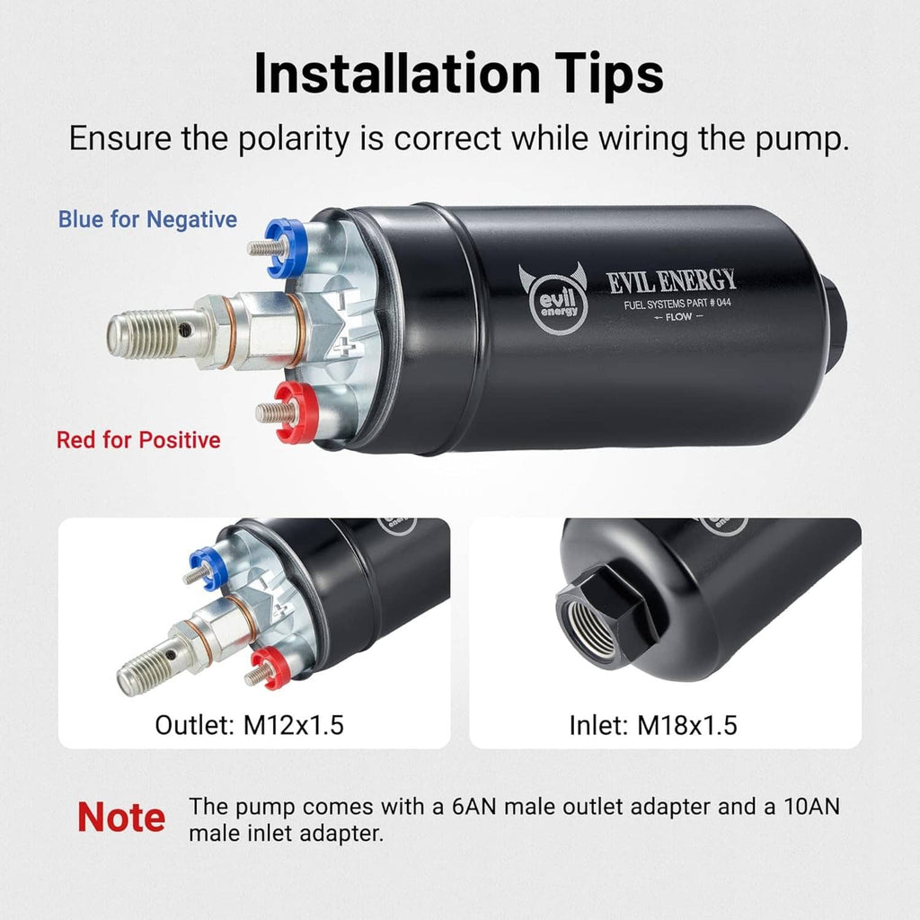 Evil Energy inline fuel pump with red positive and blue negative wiring terminals