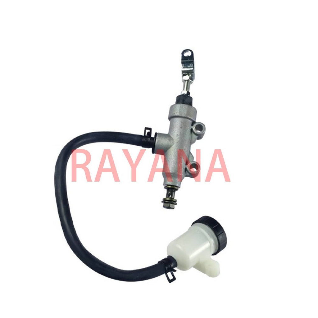 Rear brake master cylinder with black hose, white reservoir, and hanging mounting clip