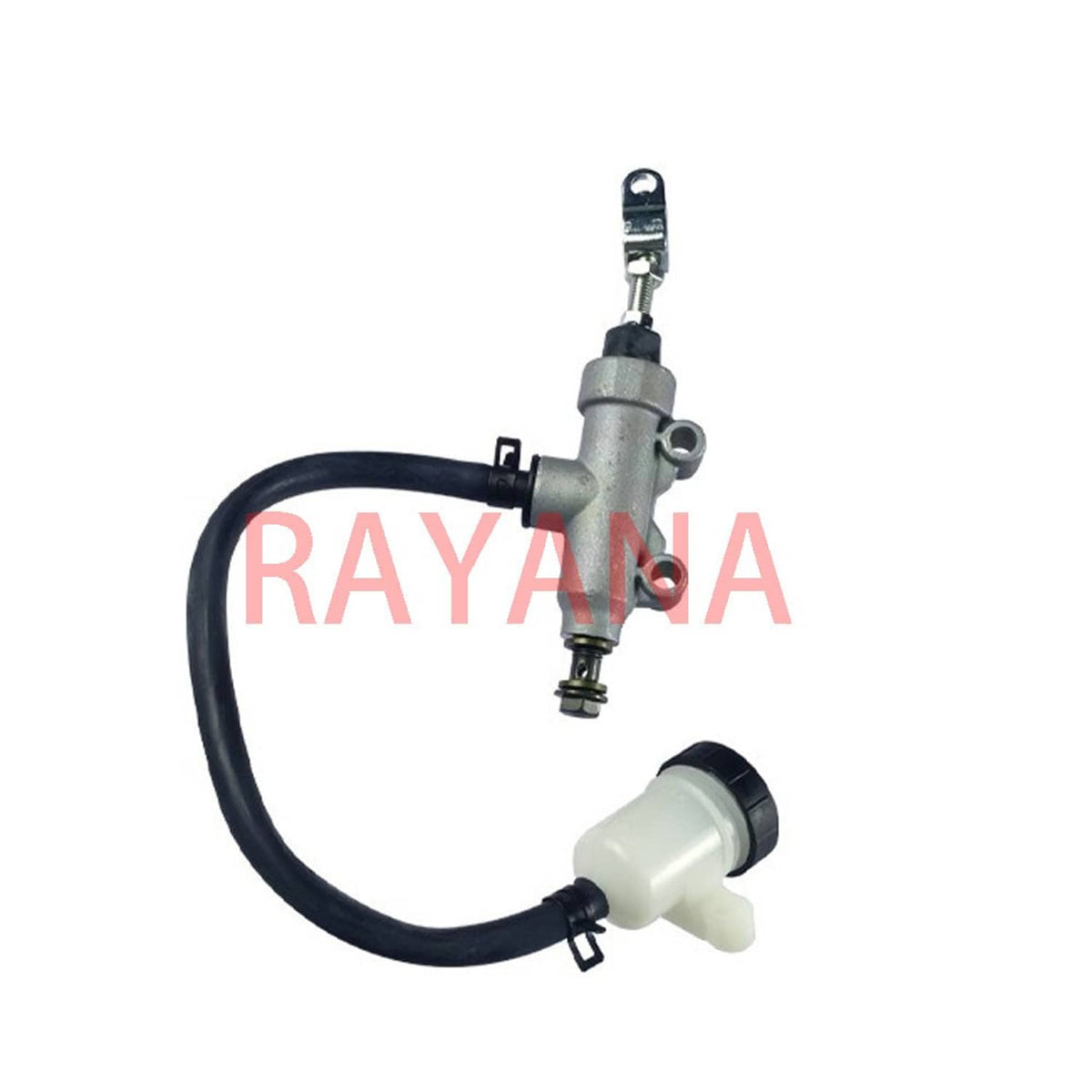 Rear brake master cylinder with black hose, white reservoir, and hanging mounting clip