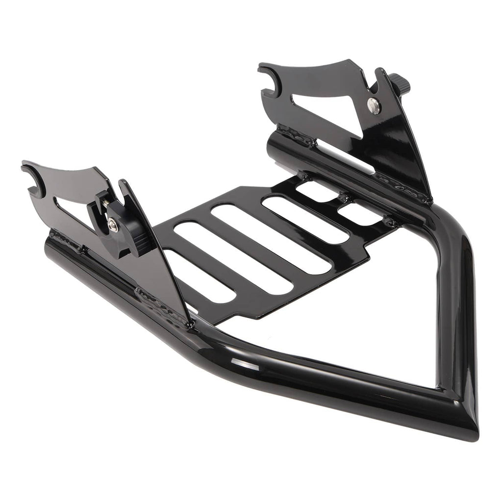 Black detachable luggage rack with slotted platform and two side support brackets