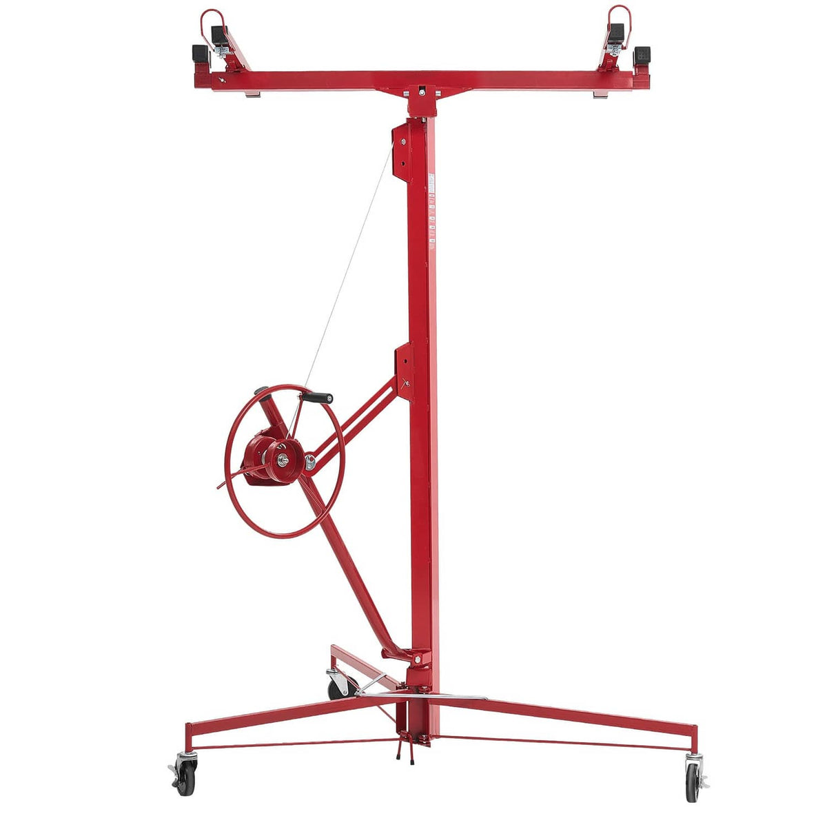 Red drywall hoist with adjustable arm and lockable wheels, base with caster wheels